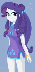 Size: 405x828 | Tagged: safe, anonymous artist, derpibooru import, rarity, equestria girls, blue background, cheongsam, clothes, cosplay, costume, ranma 1/2, shampoo (ranma 1/2), simple background, solo