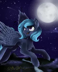 Size: 1728x2160 | Tagged: safe, artist:emi~ket, derpibooru import, oc, unofficial characters only, pegasus, pony, moon, music notes, night, singing, solo, stars