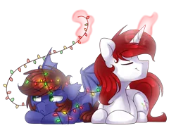 Size: 1023x746 | Tagged: safe, artist:starlyflygallery, derpibooru import, oc, oc:frozen blade, oc:warly, unofficial characters only, bat pony, pony, unicorn, :<, christmas, christmas lights, cute, floppy ears, frown, gay, grumpy, holiday, levitation, looking away, magic, male, nose wrinkle, prone, simple background, smiling, spread wings, tangled up, telekinesis, transparent background, unamused, wings