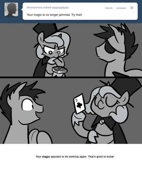 Size: 666x800 | Tagged: safe, artist:egophiliac, derpibooru import, princess luna, oc, oc:sunshine smiles (egophiliac), bat pony, pony, moonstuck, cape, card, clothes, eyepatch, female, filly, grayscale, hat, magic trick, monochrome, playing card, top hat, woona, younger