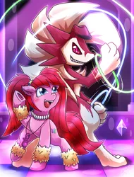 Size: 1142x1500 | Tagged: artist:vavacung, crossover, dancing, derpibooru import, fangs, female, lycanroc, male, midnight lycanroc, pacific glow, pokémon, safe