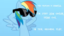 Size: 1600x900 | Tagged: 10 seconds flat, 20% cooler, artist:lifetimebrony, derpibooru import, meme, quote, rainbow dash, safe, simple background, solo, sunglasses, vector, wallpaper