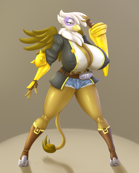 Size: 2400x3000 | Tagged: suggestive, artist:hyperstorm_h, artist:marauder6272, color edit, derpibooru import, edit, gilda, anthro, gryphon, plantigrade anthro, big breasts, blazblue, boots, breasts, bullet (blazblue), busty gilda, cleavage, clothes, colored, cosplay, costume, curvy, daisy dukes, erect nipples, female, fingerless gloves, gloves, hair over one eye, hourglass figure, huge breasts, impossibly large breasts, lidded eyes, nipple outline, shoes, shorts, solo, solo female, spread wings, stupid sexy gilda, thighs, thunder thighs, wide hips, wings