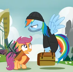 Size: 1000x982 | Tagged: artist:pixelkitties, clothes, derpibooru import, edit, editor:totallynotanoob, flower pot, glasses, léon, parody, rainbow dash, safe, scootaloo, suitcase, the professional