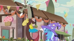 Size: 1280x720 | Tagged: safe, derpibooru import, screencap, discord, trixie, pony, unicorn, to where and back again, cape, clothes, hat, laughing, our town, trixie's cape, trixie's hat