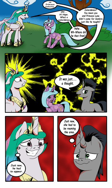 Size: 3000x5000 | Tagged: safe, artist:astroanimations, derpibooru import, idw, king sombra, princess celestia, radiant hope, alicorn, crystal pony, unicorn, comic:celestia's yearning, absurd resolution, celestibra, comic, fake smile, female, hopebra, male, reformed sombra, shipping, straight, wavy mouth