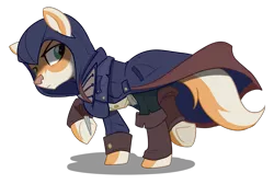 Size: 1387x932 | Tagged: safe, artist:jadedjynx, derpibooru import, oc, oc:foxtor volpes, unofficial characters only, earth pony, fox, fox pony, hybrid, pony, assassin's creed, clothes, coat, commission, crossover, hidden blade, hood, male, multicolored tail, pants, simple background, solo, stallion, transparent background, ubisoft