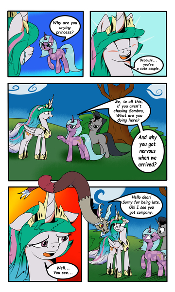 Size: 3000x5000 | Tagged: safe, artist:astroanimations, derpibooru import, idw, discord, king sombra, princess celestia, radiant hope, comic:celestia's yearning, comic, crying, dislestia, female, hopebra, male, reformed sombra, shipping, straight, tears of joy