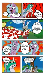 Size: 3000x5000 | Tagged: safe, artist:astroanimations, derpibooru import, idw, discord, king sombra, princess celestia, radiant hope, comic:celestia's yearning, angry, comic, dislestia, female, hopebra, male, picnic, reformed sombra, shipping, straight