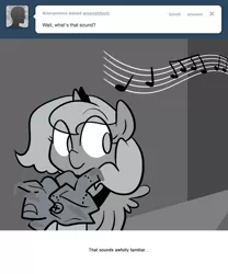 Size: 666x800 | Tagged: artist:egophiliac, cartographer's crumpled jam-covered sticky mess, derpibooru import, female, filly, grayscale, monochrome, moonstuck, music notes, princess luna, safe, solo, woona, younger