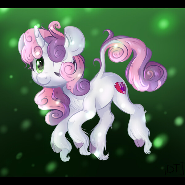Size: 1200x1200 | Tagged: safe, artist:rizzych, derpibooru import, sweetie belle, classical unicorn, unicorn, cloven hooves, cutie mark, hoof fluff, leonine tail, long feather, one eye closed, solo, the cmc's cutie marks, unshorn fetlocks, wink