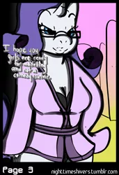 Size: 1152x1680 | Tagged: anthro, artist:simplyshivers, bathrobe, breasts, cleavage, clothes, comic, comic:rarity's secret fitting party, derpibooru import, female, glasses, rarity, robe, safe, solo