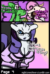 Size: 1152x1680 | Tagged: anthro, artist:simplyshivers, bathrobe, breasts, cleavage, clothes, comic, comic:rarity's secret fitting party, cow, derpibooru import, female, glasses, oc, rarity, robe, suggestive