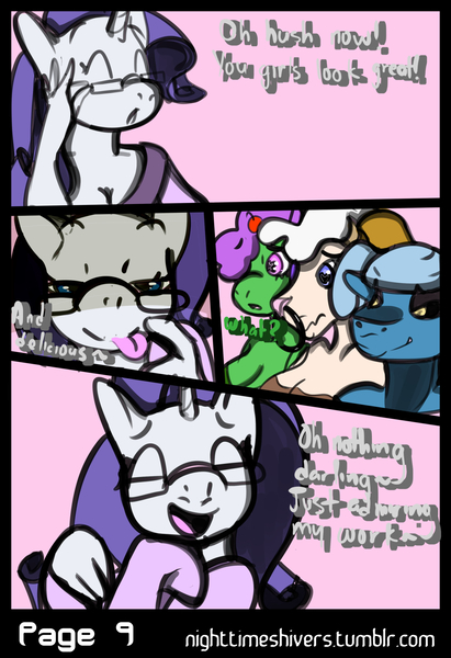 Size: 1152x1680 | Tagged: questionable, artist:simplyshivers, derpibooru import, rarity, oc, anthro, cow, dragon, comic:rarity's secret fitting party, chocolate, comic, dialogue, food, glasses, imminent vore, licking, licking lips, nose piercing, nose ring, piercing, tongue out