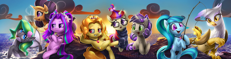 Size: 1920x495 | Tagged: safe, artist:imdrunkontea, derpibooru import, adagio dazzle, aria blaze, gilda, moondancer, saffron masala, sonata dusk, oc, oc:marina (efnw), ponified, gryphon, merpony, orca, orca pony, original species, pony, unicorn, spice up your life, cloud, diana kaarina, everfree northwest, food, kazumi evans, marÿke hendrikse, meme, ocean, sonataco, sun, sunset, taco, the dazzlings, voice actor joke