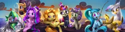 Size: 1920x495 | Tagged: safe, artist:imdrunkontea, derpibooru import, adagio dazzle, aria blaze, gilda, moondancer, saffron masala, sonata dusk, oc, oc:marina (efnw), ponified, gryphon, merpony, orca, orca pony, original species, pony, unicorn, spice up your life, cloud, diana kaarina, everfree northwest, food, kazumi evans, marÿke hendrikse, meme, ocean, sonataco, sun, sunset, taco, the dazzlings, voice actor joke