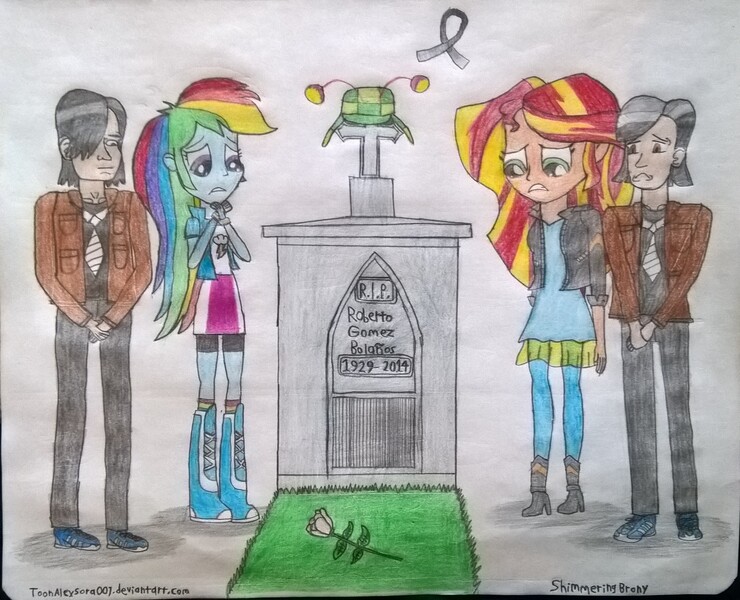 Size: 2921x2368 | Tagged: safe, artist:toonalexsora007, derpibooru import, rainbow dash, sunset shimmer, equestria girls, friendship games, alex, crossover, el chapulín colorado, el chavo del 8, flower, grass, gravestone, hat, implied death, low quality, mexican, obituary, rest in peace, roberto gomez bolaños, rose, traditional art