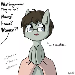 Size: 1920x1920 | Tagged: safe, artist:dsp2003, derpibooru import, part of a set, oc, oc:tjpones, unofficial characters only, earth pony, pony, comic, dialogue, holding a pony, i can't believe it's not tjpones, looking away, male, offscreen character, open mouth, shaking, simple background, single panel, solo, style emulation, tumblr, what do you want, white background