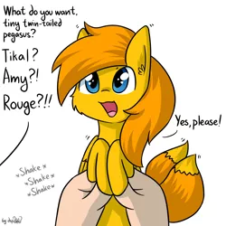 Size: 1920x1920 | Tagged: safe, artist:dsp2003, derpibooru import, part of a set, oc, oc:tails doll, ponified, unofficial characters only, pegasus, pony, comic, heart, holding a pony, i can't believe it's not tjpones, male, offscreen character, open mouth, single panel, style emulation, tumblr, what do you want, wingding eyes