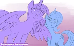 Size: 1024x640 | Tagged: safe, artist:omegasunburst, derpibooru import, trixie, twilight sparkle, twilight sparkle (alicorn), alicorn, pony, sketch, smiling, spread wings, wings