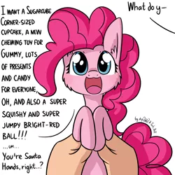 Size: 1920x1920 | Tagged: safe, artist:dsp2003, derpibooru import, part of a set, pinkie pie, pony, comic, cute, dialogue, diapinkes, holding a pony, i can't believe it's not tjpones, looking at you, offscreen character, open mouth, simple background, single panel, style emulation, tumblr, what do you want, white background