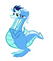 Size: 3585x4137 | Tagged: artist:theunknowenone1, conjoined, derpibooru import, dragon, dragonified, fusion, multiple heads, safe, simple background, smiling, soarin', source needed, species swap, trixie, two-headed dragon, two heads, useless source url, voice actor joke, white background