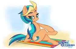 Size: 3273x2138 | Tagged: safe, artist:xwhitedreamsx, derpibooru import, oc, oc:playa "spikeball" azul, unofficial characters only, earth pony, pony, crossed legs, lidded eyes, sitting, smiling, solo, towel