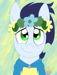Size: 1536x2000 | Tagged: safe, artist:hufflepuffrave, derpibooru import, soarin', pony, cute, floral head wreath, flower, smiling, soarinbetes, solo