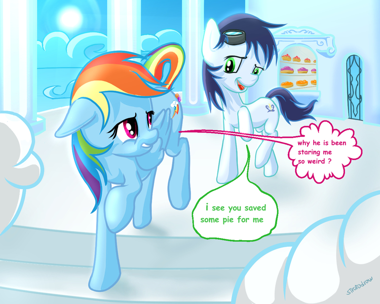 Size: 1280x1024 | Tagged: dead source, suggestive, artist:stratodraw, derpibooru import, rainbow dash, soarin', pony, alternate hairstyle, backwards cutie mark, comic, comic sans, derp, dialogue, engrish, grammar error, meme, race swap, wingless