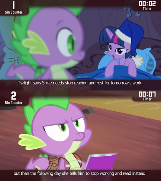 Size: 640x720 | Tagged: safe, derpibooru import, edit, edited screencap, screencap, spike, twilight sparkle, twilight sparkle (alicorn), alicorn, pony, cinemare sins, power ponies (episode), hypocrisy