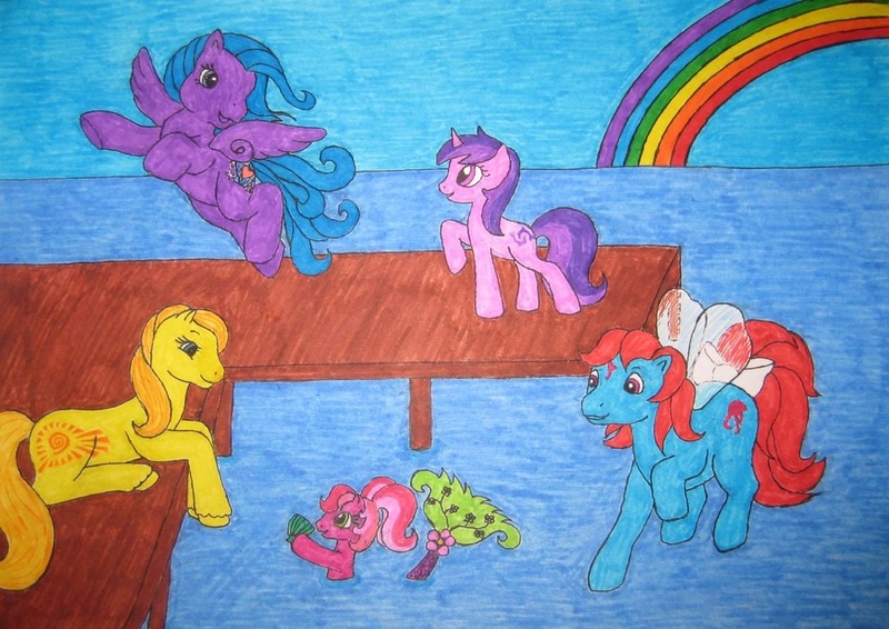 Size: 1022x723 | Tagged: artist:gardenant, cheerilee (g3), derpibooru import, g1, g2, g3, g3.5, g4, golden light, island delight, mermaid, merpony, safe, seafoam, sea swirl, square crossover, traditional art, tropical breeze