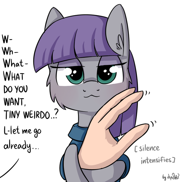 Size: 1920x1920 | Tagged: safe, artist:dsp2003, derpibooru import, part of a set, maud pie, earth pony, pony, :3, bangs, blushing, cute, diabetes, dialogue, female, holding a human, i can't believe it's not tjpones, lidded eyes, looking at you, mare, maudabetes, meme, offscreen character, pov, role reversal, simple background, single panel, smiling, style emulation, what do you want, when she smiles, white background, x intensifies