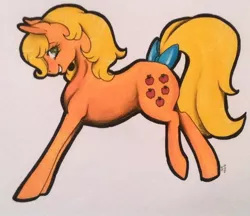 Size: 1024x885 | Tagged: safe, artist:oneiria-fylakas, derpibooru import, part of a set, applejack (g1), earth pony, pony, bow, female, g1, g1 to g4, generation leap, mare, marker drawing, simple background, solo, tail bow, traditional art, white background