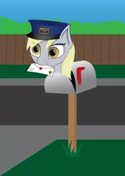 Size: 2480x3508 | Tagged: safe, artist:e-49, derpibooru import, derpy hooves, pegasus, pony, derpy inside a mailbox, female, fence, grass, mail, mailbox, mare, postman, postman's hat, solo, vector