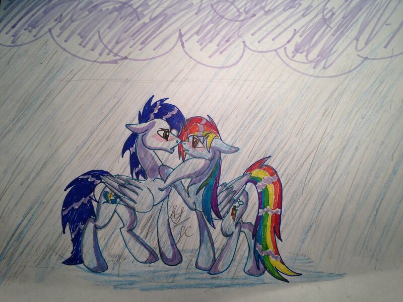 Size: 1024x768 | Tagged: safe, artist:ficklepickle9421, derpibooru import, rainbow dash, soarin', pony, female, male, rain, shipping, soarindash, straight, traditional art