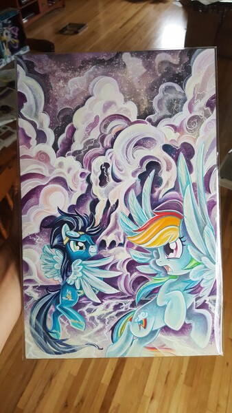 Size: 2988x5312 | Tagged: safe, artist:sararichard, derpibooru import, rainbow dash, soarin', pony, spoiler:comicff36, irl, official art, photo, traditional art