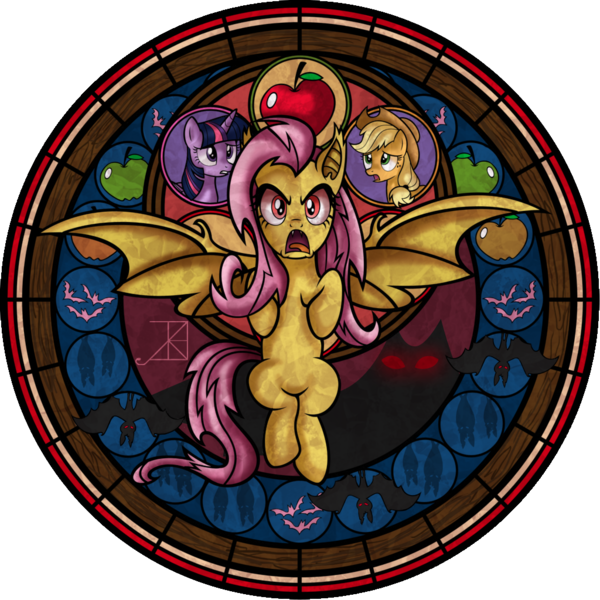 Size: 1024x1024 | Tagged: safe, artist:akili-amethyst, artist:crystalchan2d, derpibooru import, applejack, fluttershy, twilight sparkle, twilight sparkle (alicorn), alicorn, bat, bat pony, fruit bat, pony, bats!, apple, bat ponified, dive to the heart, flutterbat, food, race swap, simple background, stained glass, station of awakening, transparent background