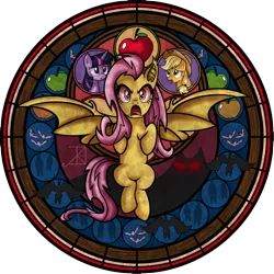 Size: 1024x1024 | Tagged: safe, artist:akili-amethyst, artist:crystalchan2d, derpibooru import, applejack, fluttershy, twilight sparkle, twilight sparkle (alicorn), alicorn, bat, bat pony, fruit bat, pony, bats!, apple, bat ponified, dive to the heart, flutterbat, food, race swap, simple background, stained glass, station of awakening, transparent background