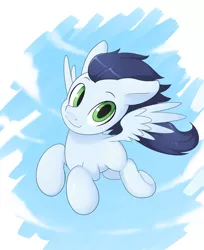 Size: 1100x1349 | Tagged: safe, artist:skecchiart, derpibooru import, soarin', pegasus, pony, colt, cute, flying, looking at you, male, sky, smiling, solo, spread wings, wings