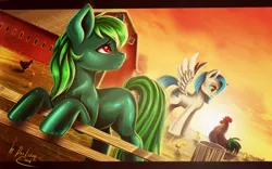 Size: 1280x800 | Tagged: safe, artist:das_leben, derpibooru import, oc, oc:cloudy skies (pap), oc:lonely day, unofficial characters only, bird, chicken, earth pony, pegasus, pony, fanfic:the last pony on earth, ponies after people, adult blank flank, barn, blank flank, crying, cutie mark, farm, female, fence, hooves, mare, sunset, wings