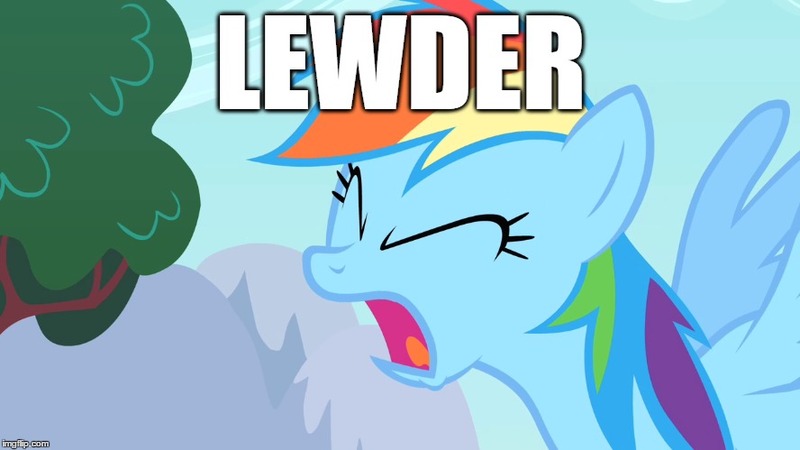 Size: 888x499 | Tagged: safe, derpibooru import, edit, edited screencap, screencap, rainbow dash, pegasus, pony, sonic rainboom (episode), caption, eyes closed, female, image macro, lewd, louder, mare, meme, open mouth, pun, solo, text, yelling