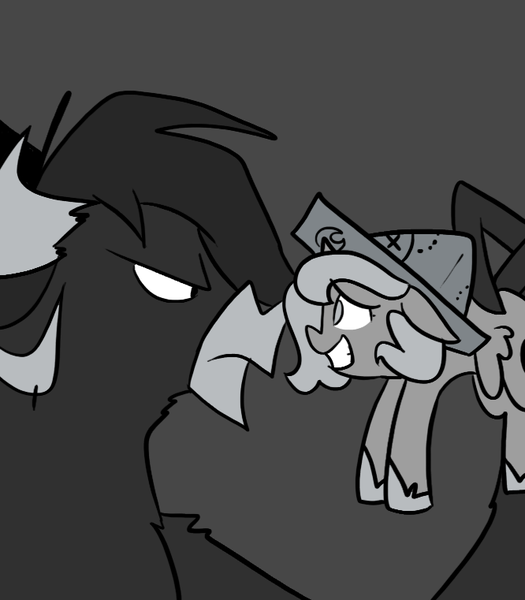 Size: 666x761 | Tagged: artist:egophiliac, cartographer's cap, derpibooru import, female, filly, grayscale, hat, monochrome, moonitaur, moonstuck, oc, oc:stardust (egophiliac), princess luna, safe, woona, younger