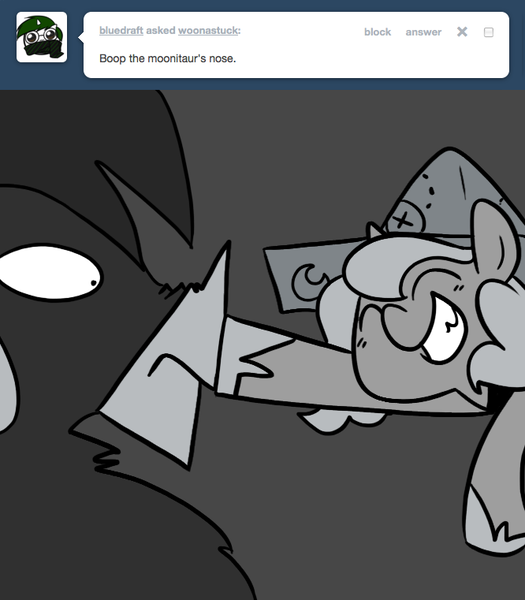 Size: 666x761 | Tagged: artist:egophiliac, boop, cartographer's cap, derpibooru import, female, filly, grayscale, hat, monochrome, moonitaur, moonstuck, oc, oc:stardust (egophiliac), princess luna, safe, smiling, woona, woonoggles, younger