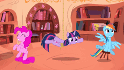 Size: 1000x563 | Tagged: safe, derpibooru import, pinkie pie, rainbow dash, twilight sparkle, twilight sparkle (alicorn), alicorn, pony, applejack's "day" off, testing testing 1-2-3, the saddle row review, animated, broom, chair, gif, i have done nothing productive all day, library, majestic as fuck, mission impossible, pinkie being pinkie, pinkie physics, prehensile tail, rope, stooldash, sweeping, sweepsweepsweep, swinging, tailcopter