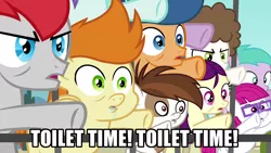 Size: 1280x720 | Tagged: safe, derpibooru import, edit, edited screencap, screencap, aura (character), boysenberry, first base, gallop j. fry, little red, pipsqueak, super funk, train tracks (character), earth pony, pony, twilight time, caption, colt, drool, faic, image macro, male, meme, pun, text, toilet, toilet sparkle