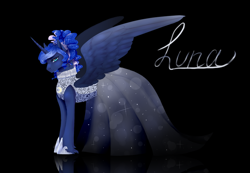 Size: 2600x1800 | Tagged: alternate hairstyle, artist:maria-fly, beautiful, clothes, derpibooru import, dress, looking at you, princess luna, ruff (clothing), safe, smiling, solo