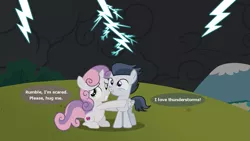 Size: 1125x633 | Tagged: artist:lunaticdawn, cutie mark, derpibooru import, female, lightning, male, rumbelle, rumble, safe, scared, shipping, straight, sweetie belle, the cmc's cutie marks, thunderstorm, vector