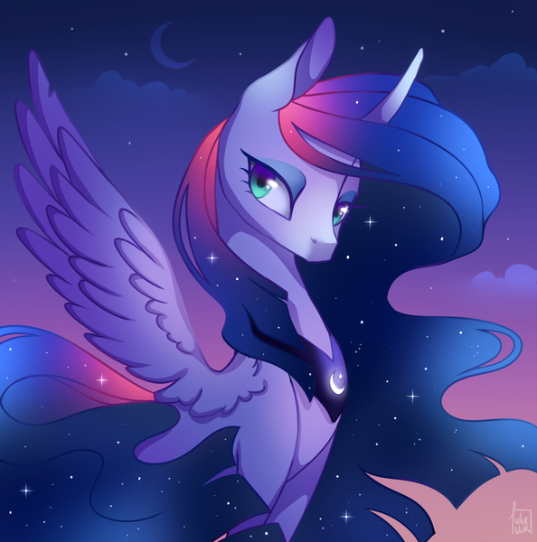 1970827 - safe, artist:nekiw, derpibooru import, princess luna, twilight  sparkle, twilight sparkle (alicorn), alicorn, pony, ethereal mane, fusion,  moon, solo, starry mane, stars, twilight (astronomy) - Twibooru