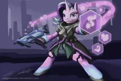 Size: 1024x683 | Tagged: safe, artist:eddywardster, derpibooru import, starlight glimmer, pony, bipedal, crossover, gun, magic, overwatch, solo, sombra (overwatch), sombra glimmer, submachinegun, weapon