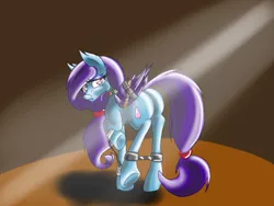 Size: 1024x768 | Tagged: suggestive, artist:acespade777, derpibooru import, oc, oc:serenity (fallout equestria: true skies), unofficial characters only, bat pony, pony, fallout equestria, ankle chain, belt, bound wings, colored, crying, cuffs, cute, digital art, enslaved, female, flank, looking at you, looking back, mare, sad, shackles, solo, solo female, wings